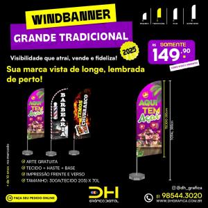 Wind Banner Completo GRANDE TRADICIONAL - com Base Com a Haste 2,80x70 Tecido de 2,05x70  Tecido dupla face Pronto para usar 